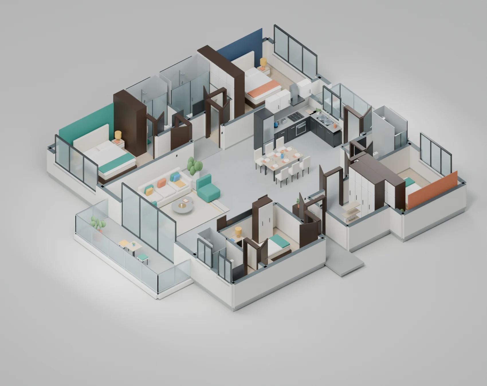 Oblique furnished apartment cutaway with colourful rooms, balconies and a separate DSQ.