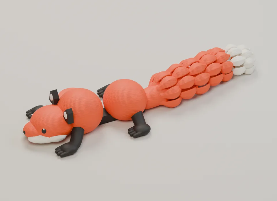 Orange fox with an ivory face and layered white-tipped plume, charcoal paws and a reinforced eye behind its head.