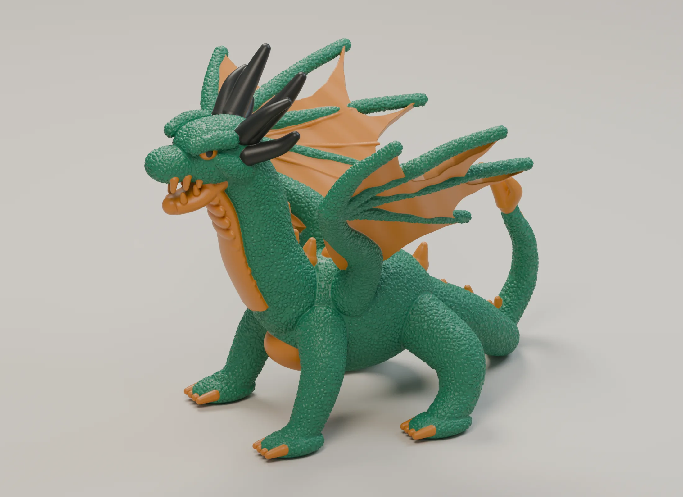 Scaled jade dragon with curved gold wings, a raised neck, sturdy feet, rounded dark horns and a rising flame-tipped tail.