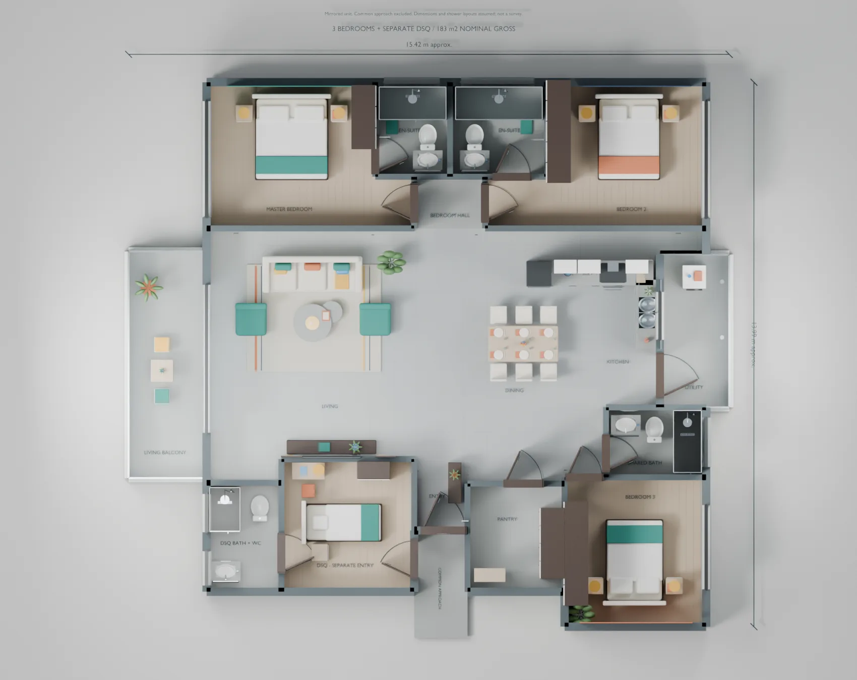 Labelled top-down apartment plan showing three bedrooms and the separate entrance-side DSQ.