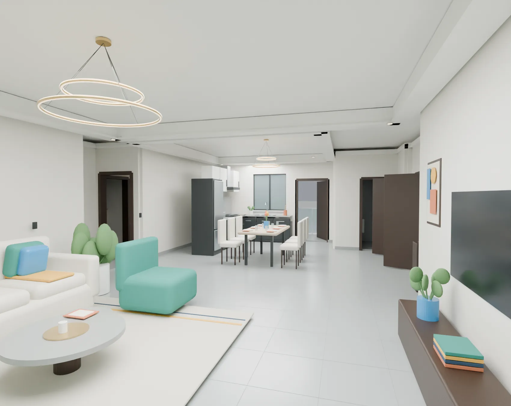 Furnished living-room interior beneath a stepped ceiling and suspended ring lights.
