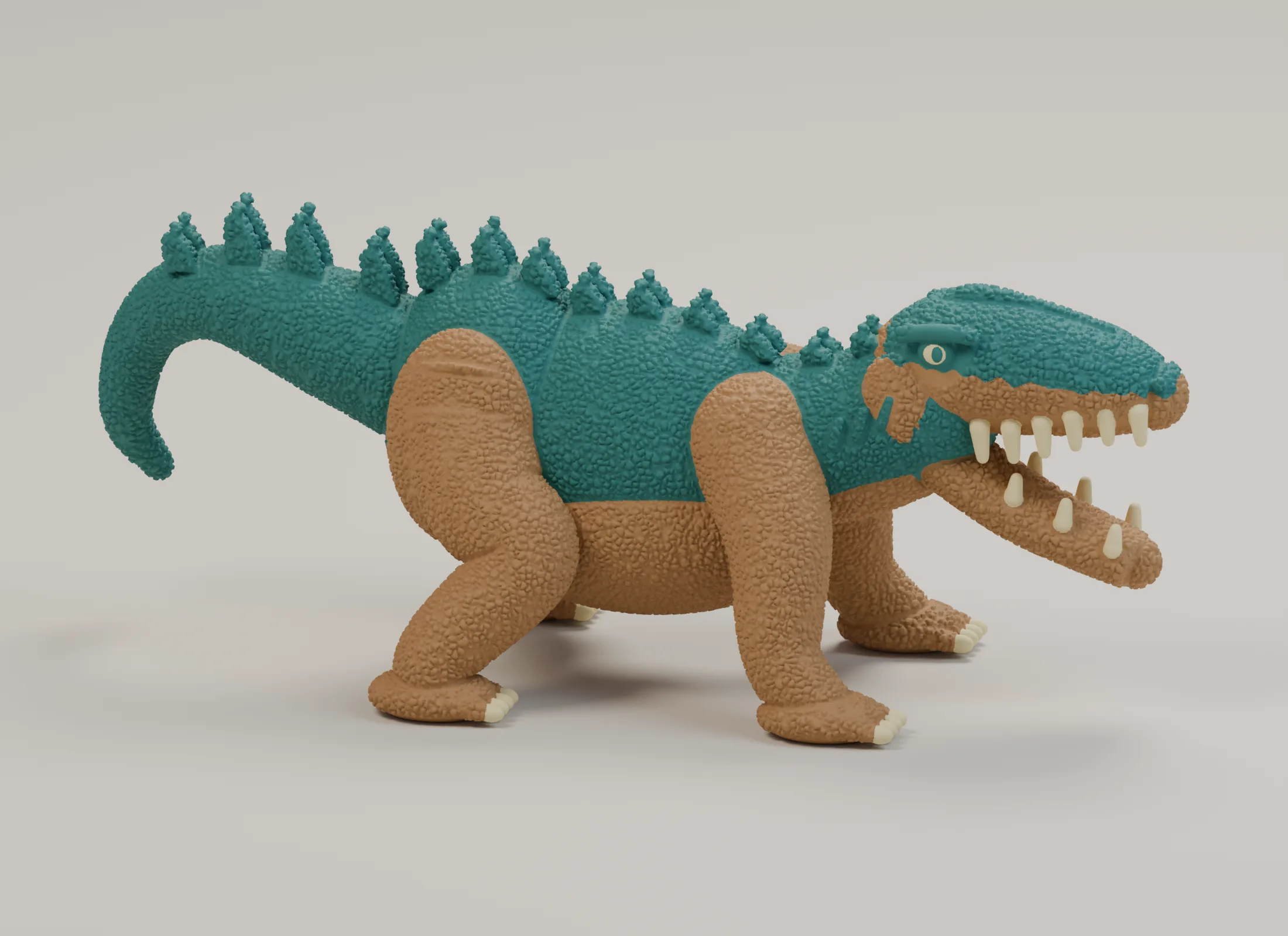 Rough-skinned teal and umber Rauisuchus with muscular legs, low dorsal plates, a broad open jaw and an arched tail.