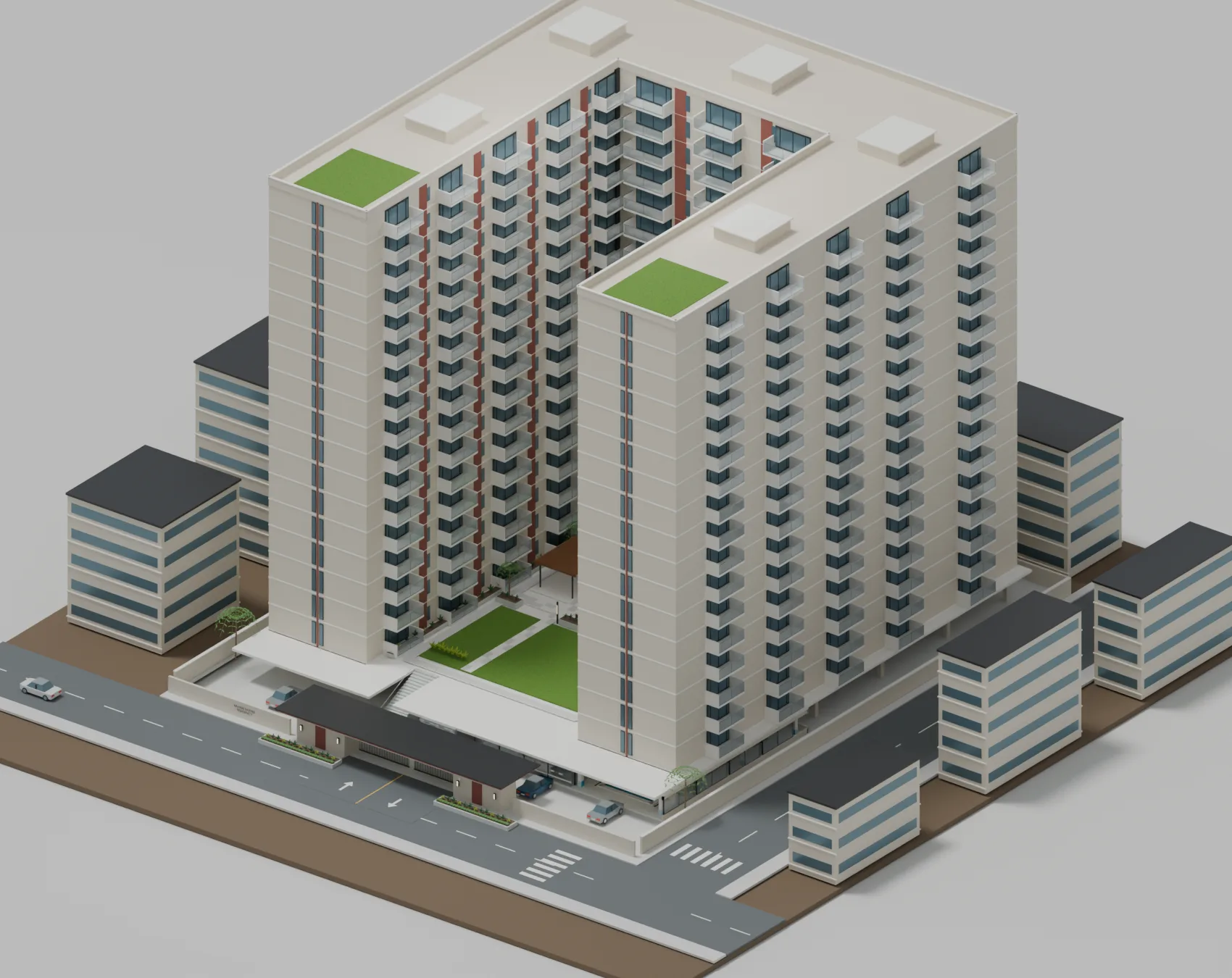 Elevated view of connected cream residential wings around a planted courtyard.