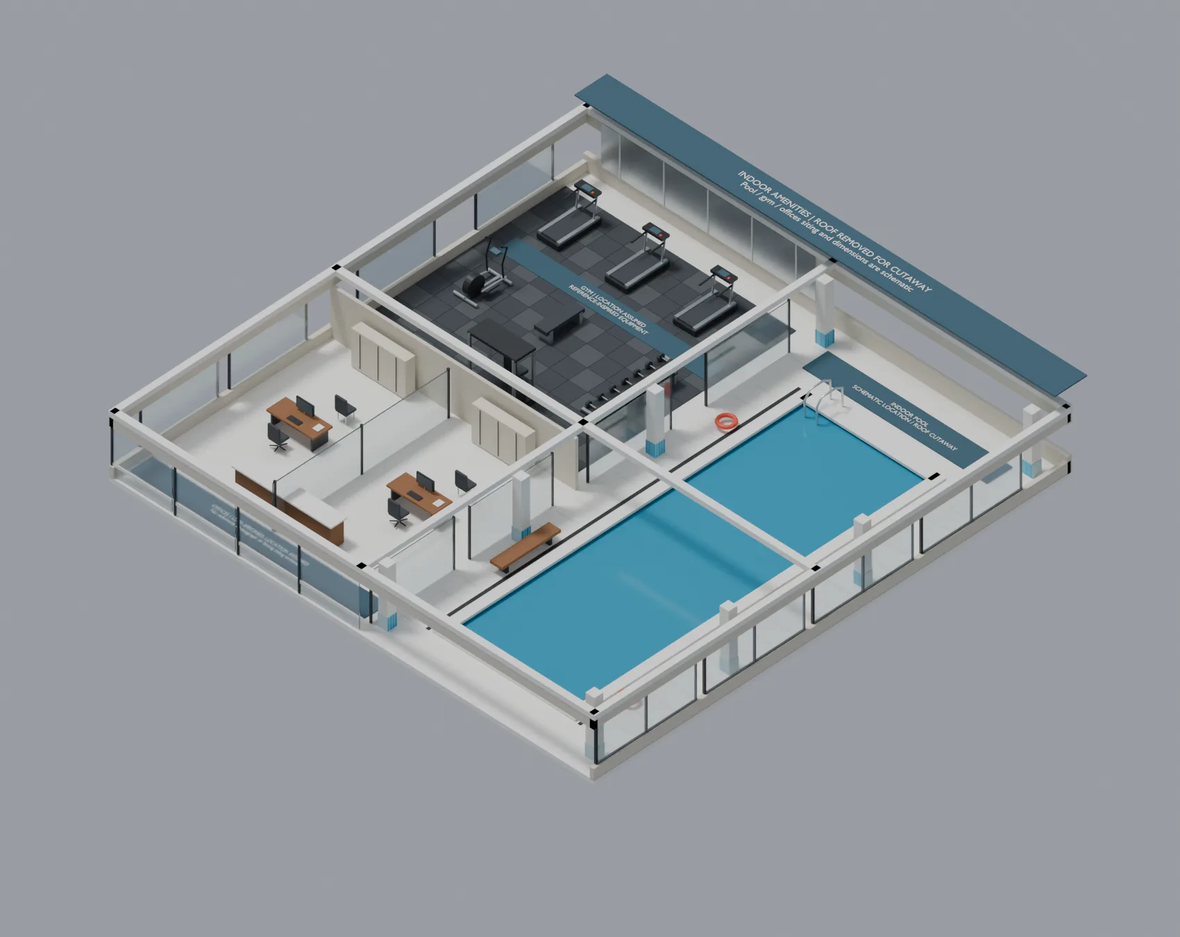 Isolated amenity cutaway with a blue indoor pool, gym equipment and office rooms.