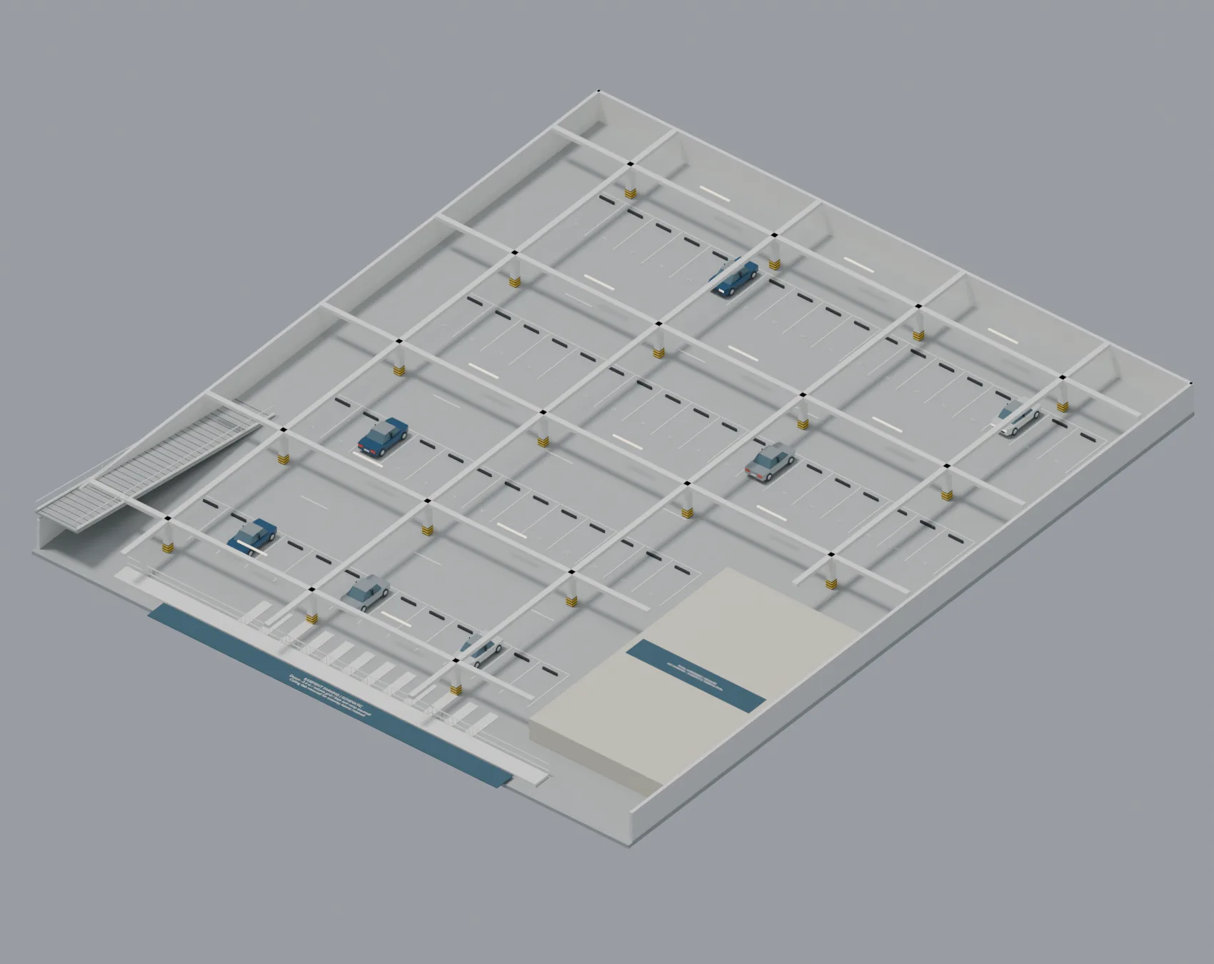 Basement parking cutaway with cars, marked bays, columns and a pedestrian crossing.