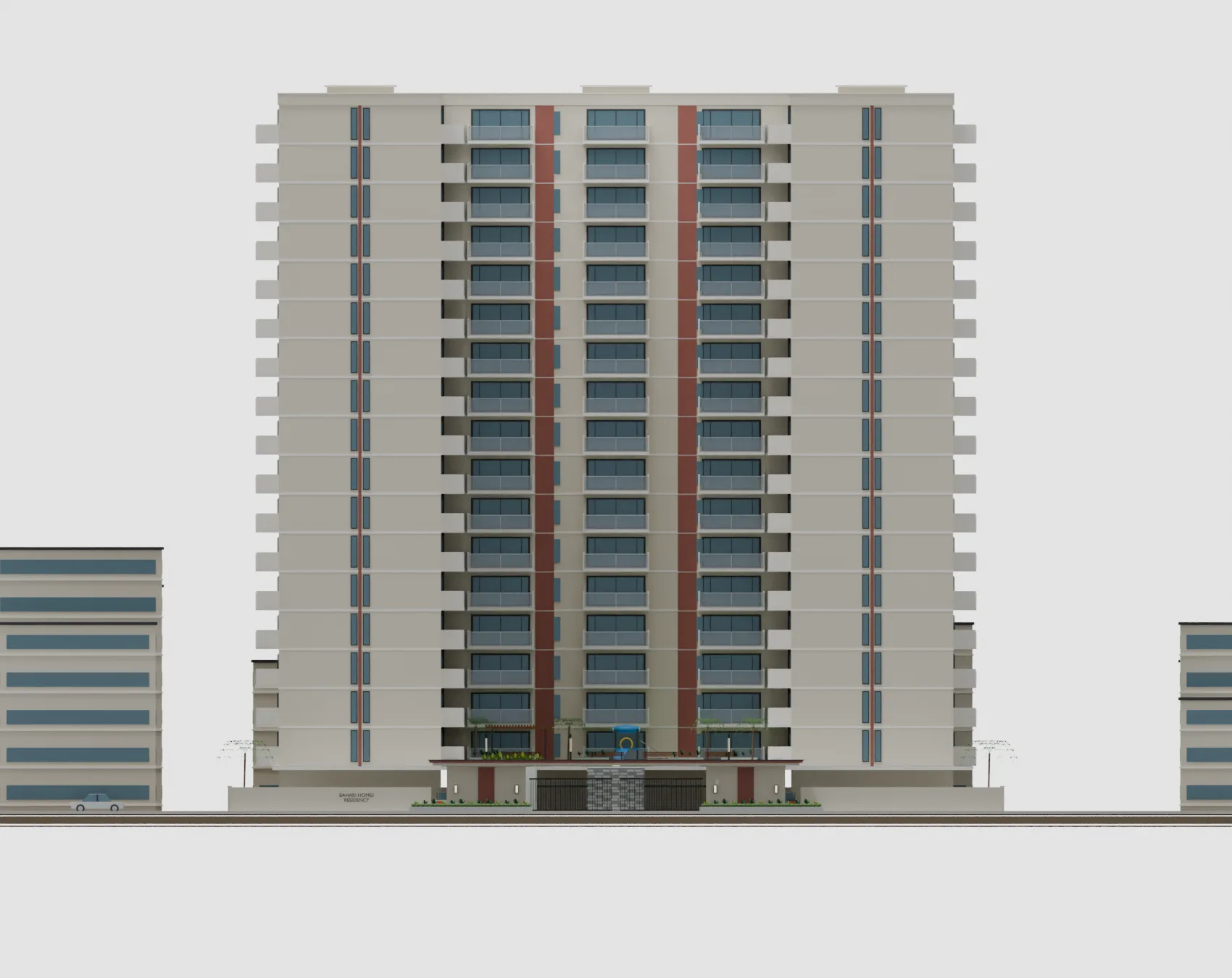 Street-facing residential facade with stacked balconies and brown-red vertical panels.