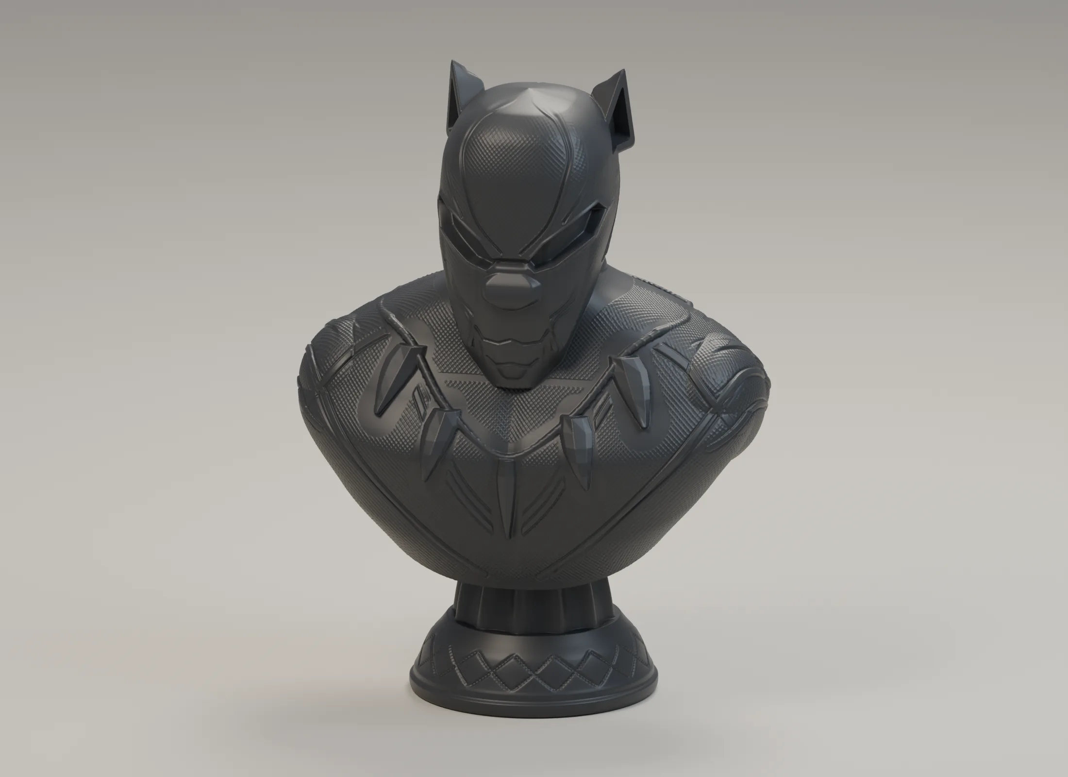 Graphite Black Panther-inspired bust with a patterned helmet, recessed eyes, necklace claws, broad shoulders and a fluted circular pedestal.
