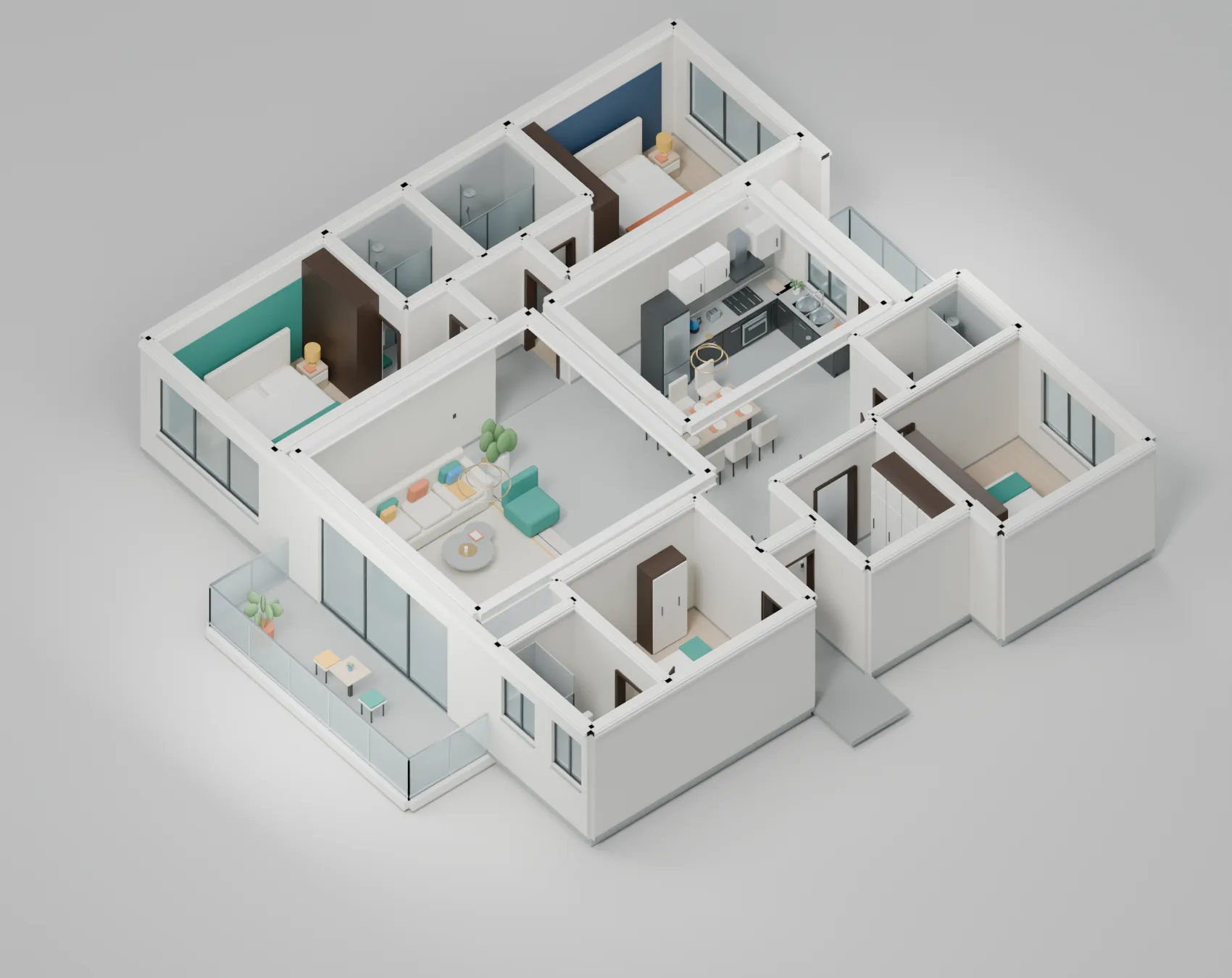 Roof-off apartment view with tall partitions, cornices and furnished rooms.