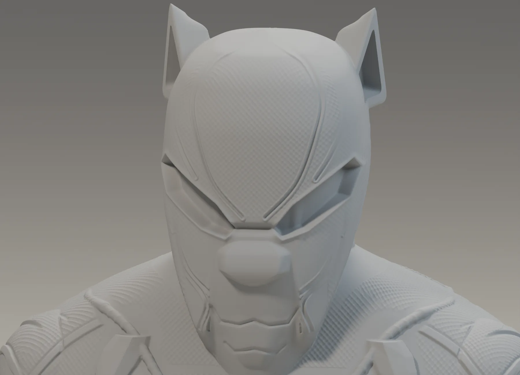 Neutral-grey close-up of the exported bust STL showing recessed eyes, helmet channels, ear cups and fine geometric surface relief.