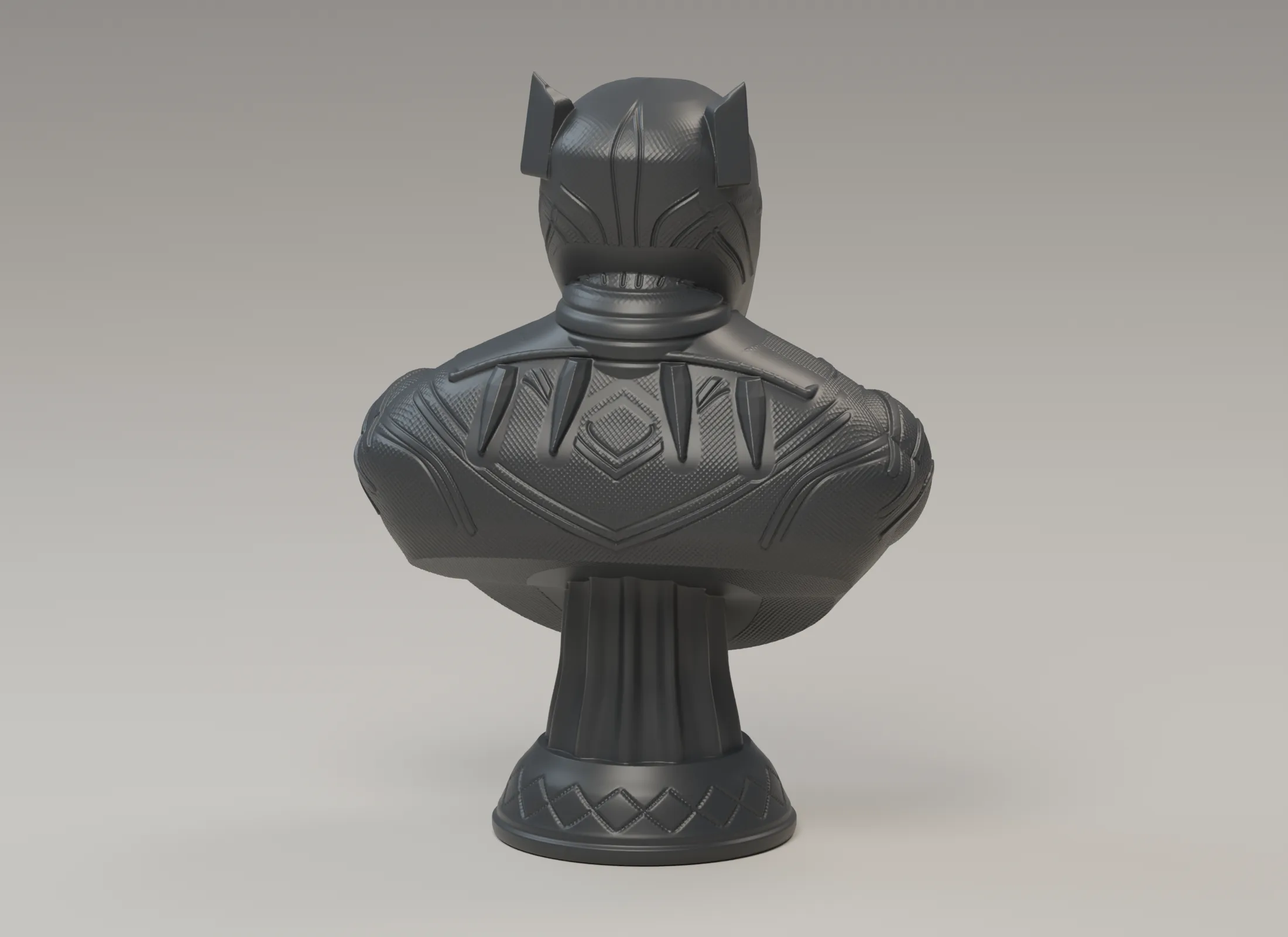 Rear view of the graphite bust showing helmet grooves, a banded neck, attached necklace, textured shoulders and the integral fluted stand.