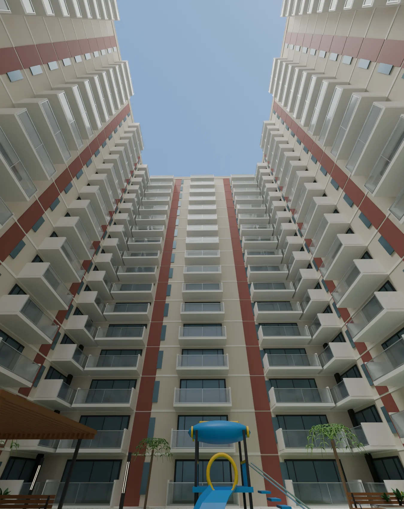 Upward view between connected courtyard facades, with repeating balconies against the sky.