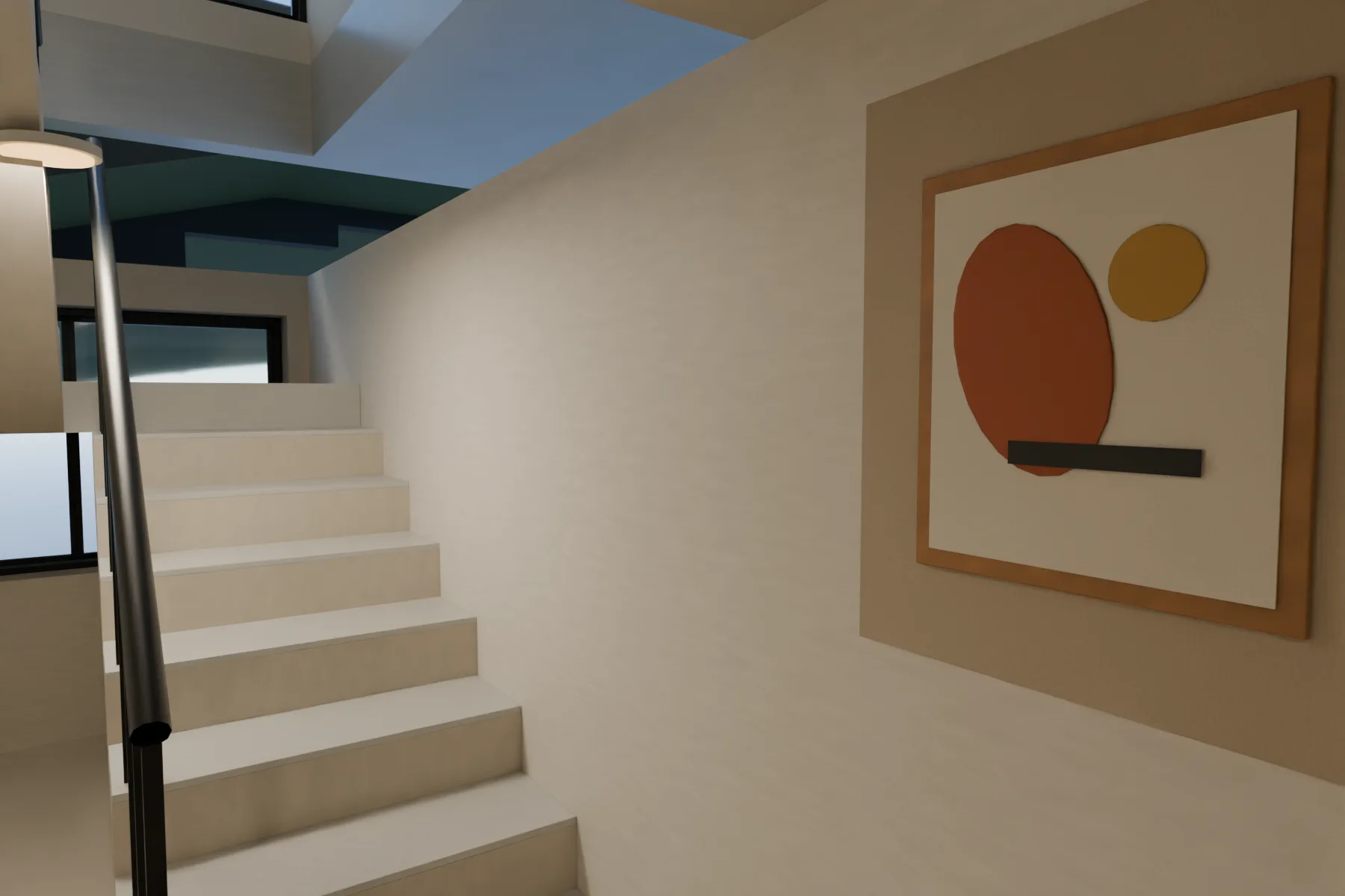 Casa Kaboya design rendering: Basement stair arrival gallery.