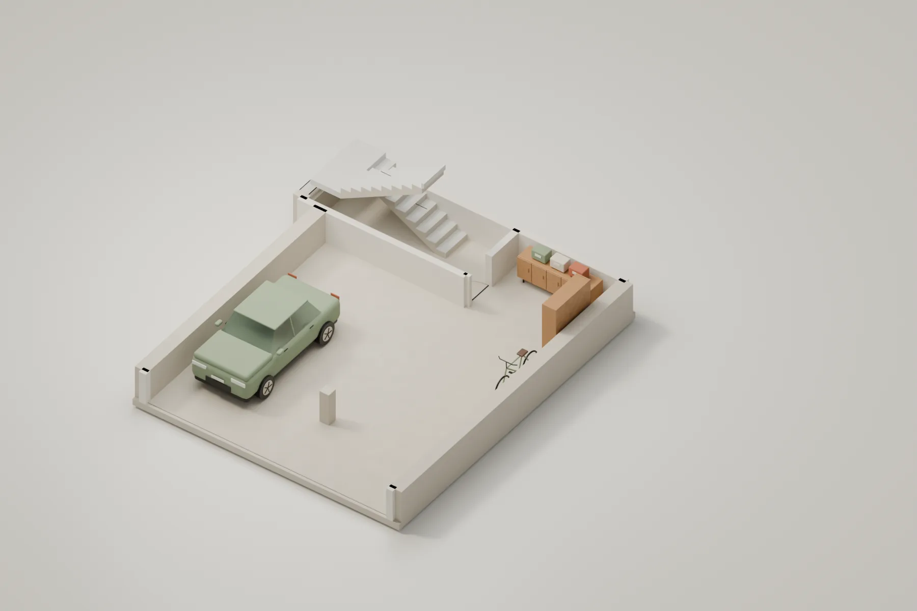 Casa Kaboya design rendering: Basement / parking furnished cutaway.