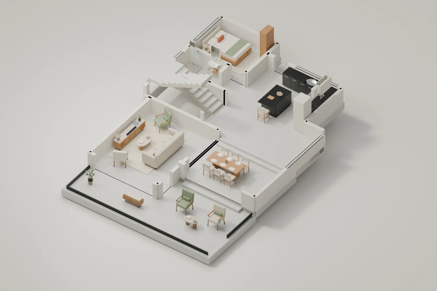 Casa Kaboya design rendering: Ground / living level furnished cutaway.