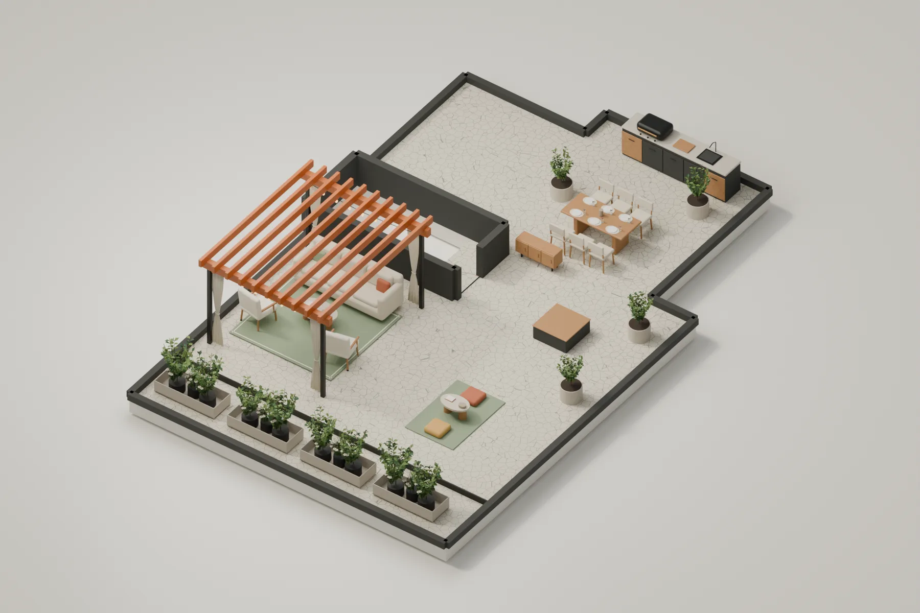 Casa Kaboya design rendering: Accessible rooftop furnished cutaway.