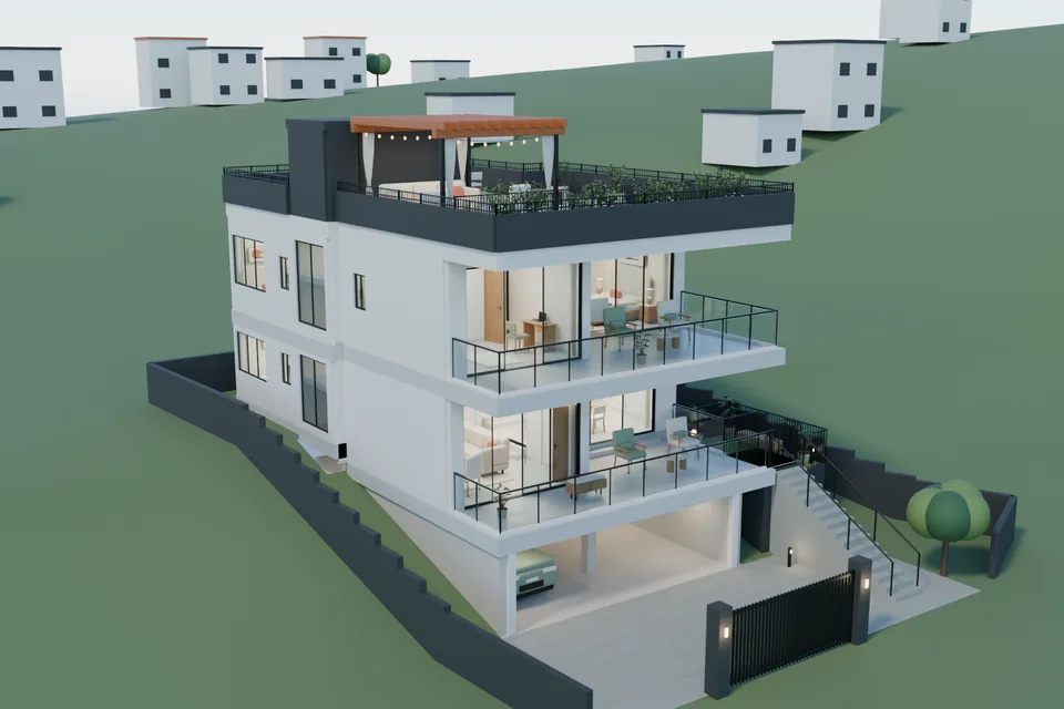 Casa Kaboya design rendering: Arrival / warm modern family home.