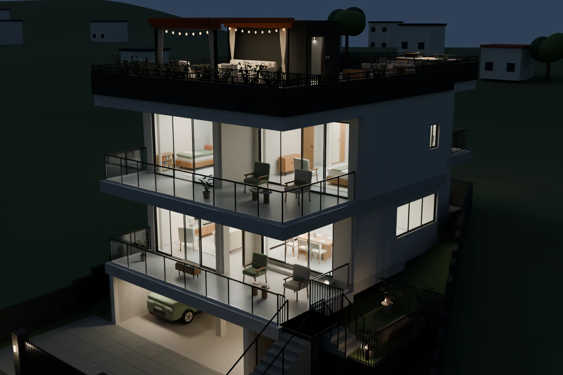 Casa Kaboya design rendering: Hillside home / evening.