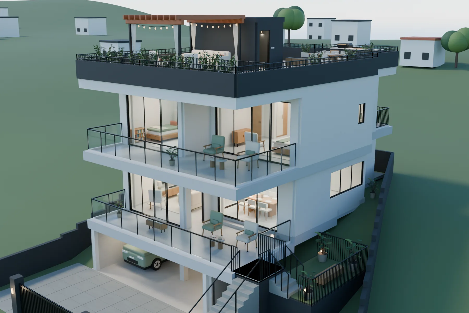 Casa Kaboya design rendering: Hillside elevation.