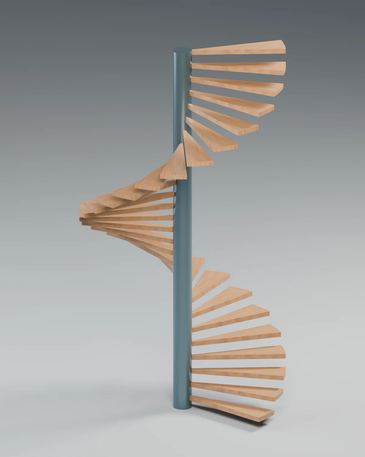 Oak spiral treads winding around a dark steel pillar above a neutral studio floor.