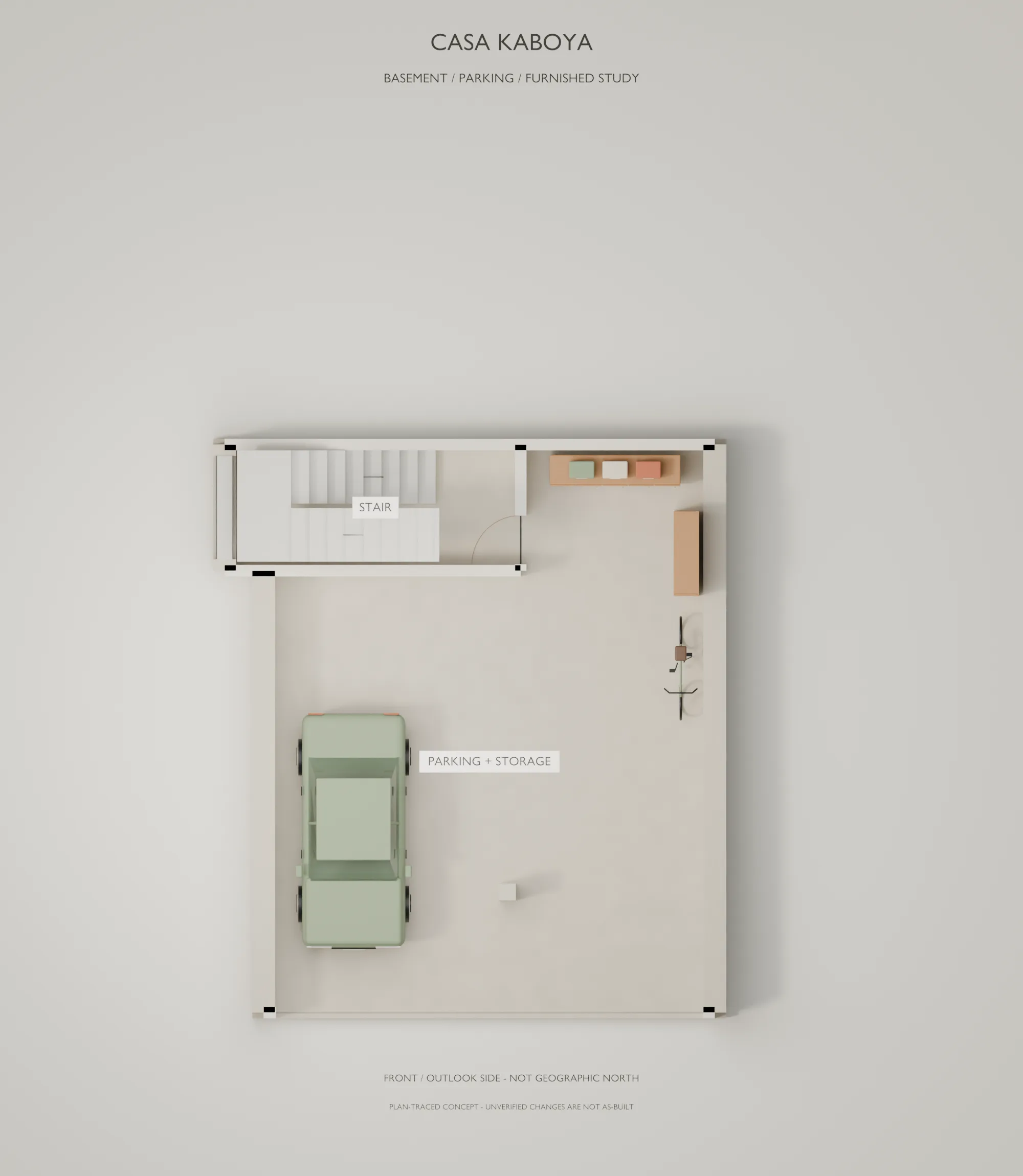Casa Kaboya design rendering: Basement / parking furnished plan.