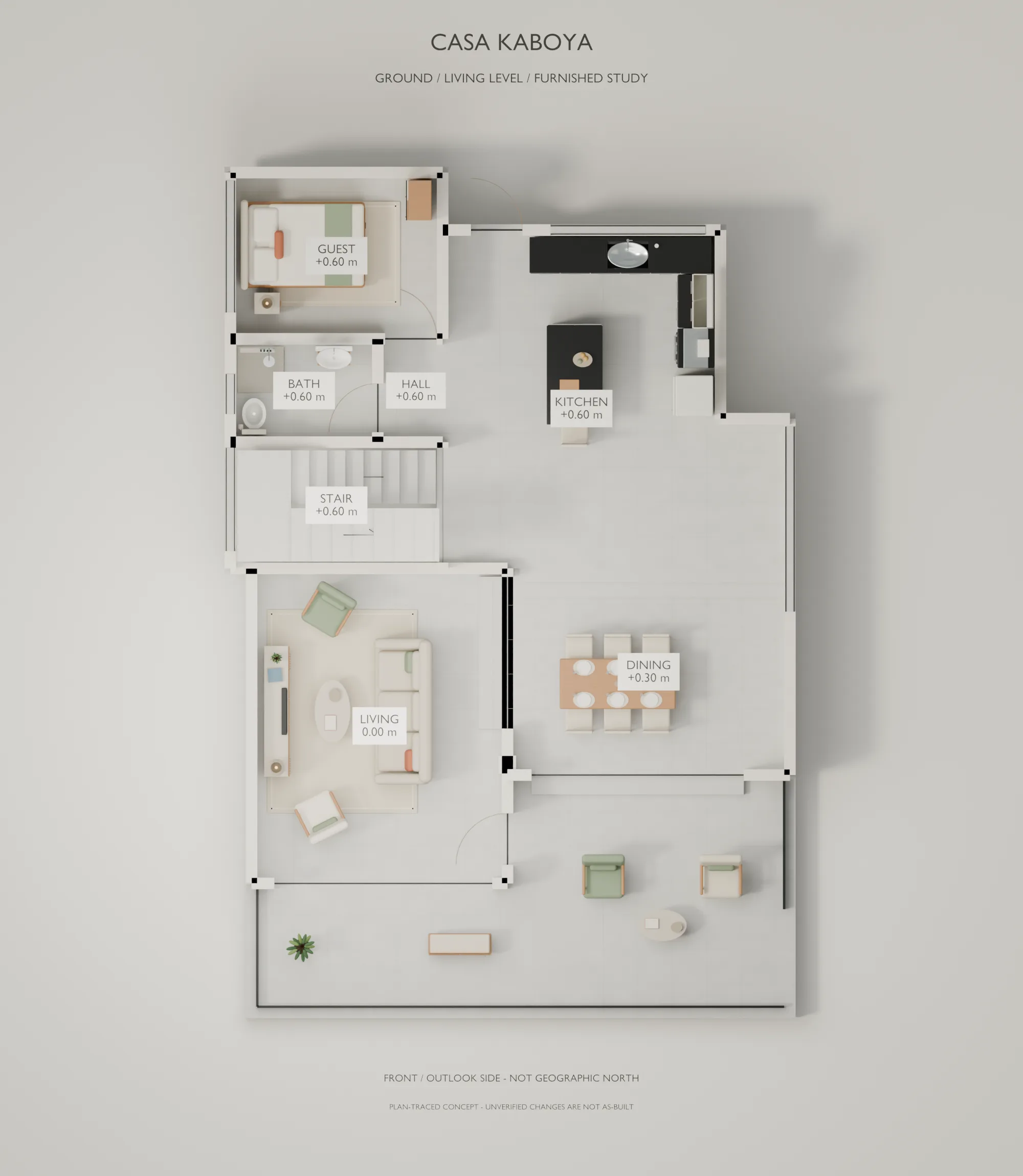 Casa Kaboya design rendering: Ground / living level furnished plan.