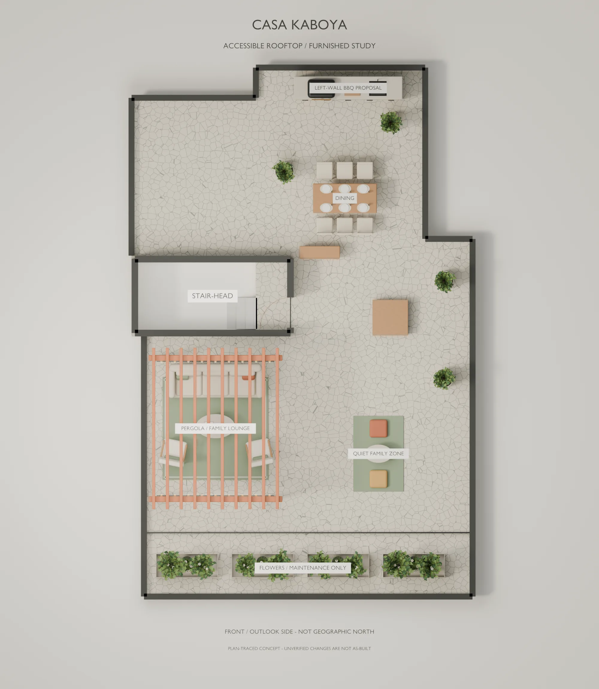 Casa Kaboya design rendering: Accessible rooftop furnished plan.