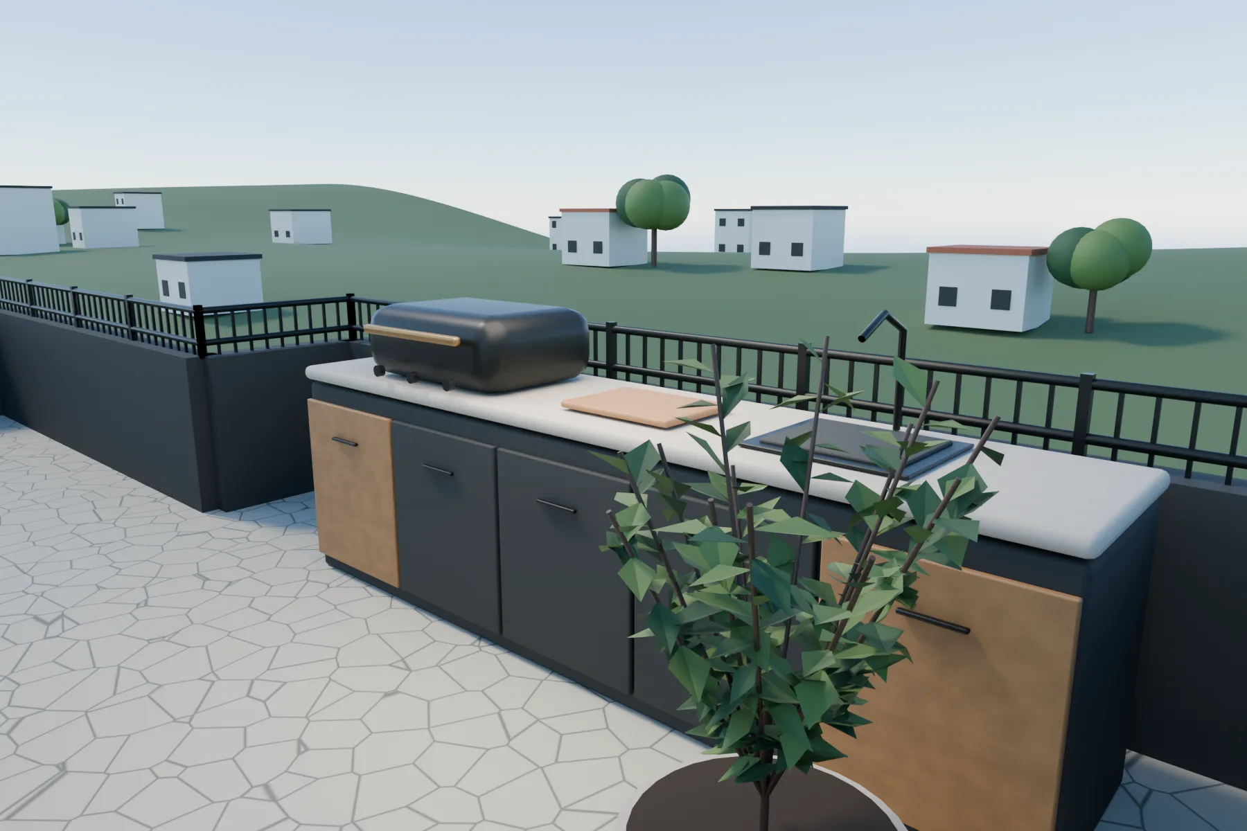 Casa Kaboya design rendering: Left-wall mini BBQ kitchen.